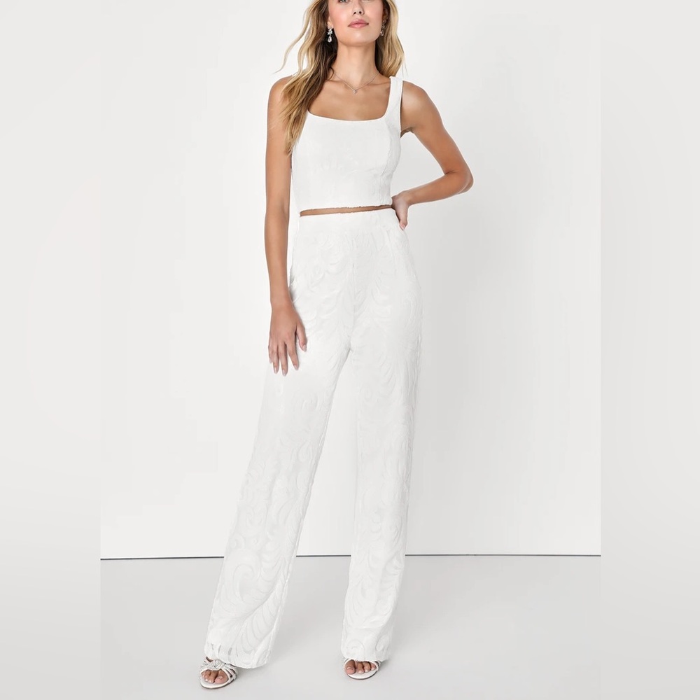 Lulus Brilliant Essence Ivory Sequin Sleeveless Two-Piece Jumpsuit - Small